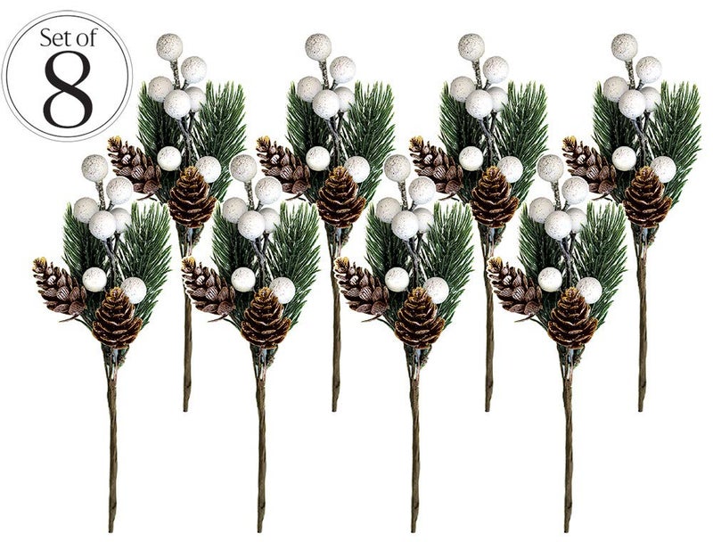 OLYPHAN White Christmas Berries/Berry Stems w. Pine Branches & Artificial Pine Cones/White Holly Spray/Wreath Picks for Winter Decor, Holiday Crafts, Xmas Decorations/Decorative Pick (Snow) - Image 2